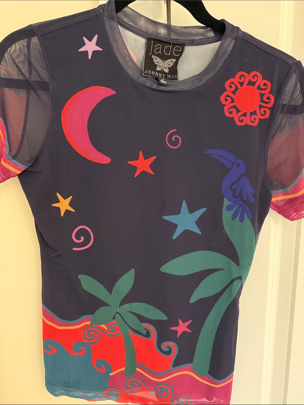 Johnny Was Navy Mesh Top with Pink Accents